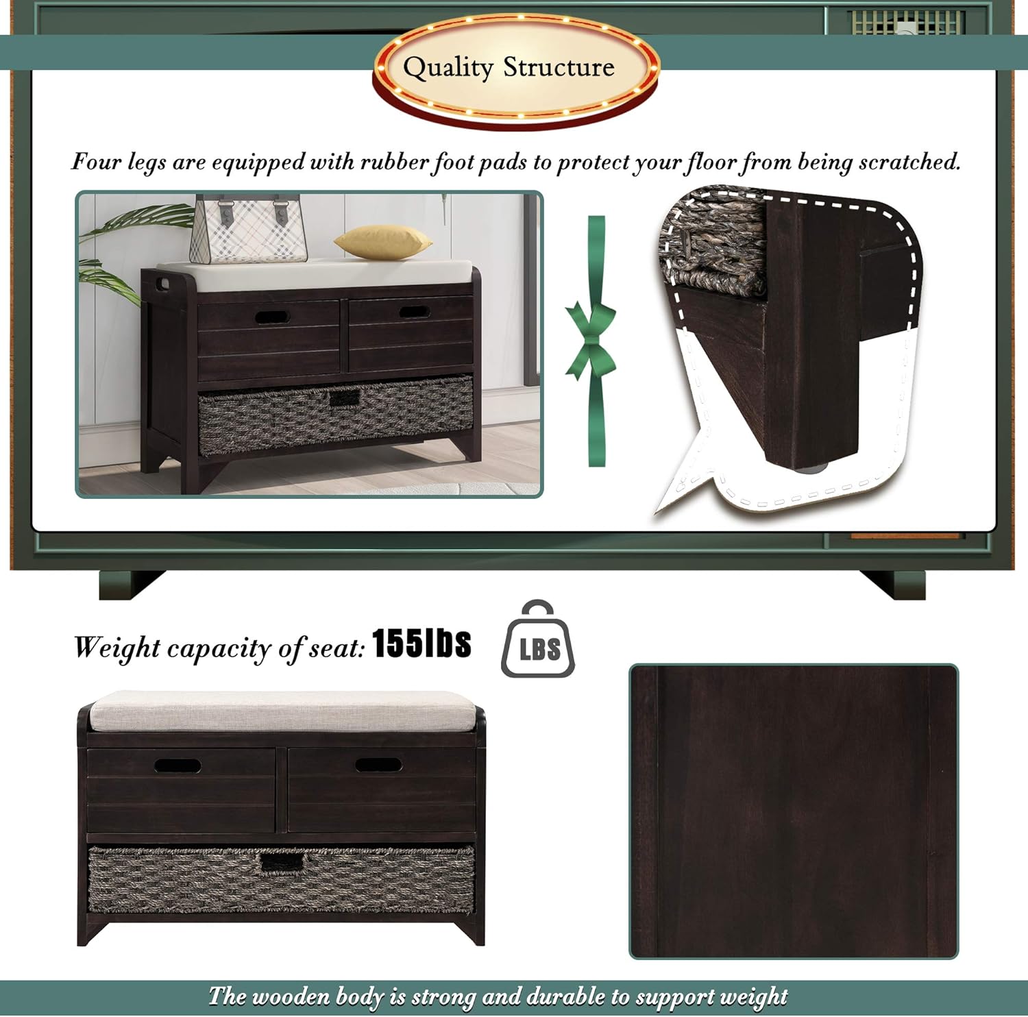 Wood Storage Bench with 1 Basket and 2 Drawers,Fully Assembled Shoe Stool,W/Removable Cushion,for Hallway,Entryway,Bedroom,Living Room,Espresso