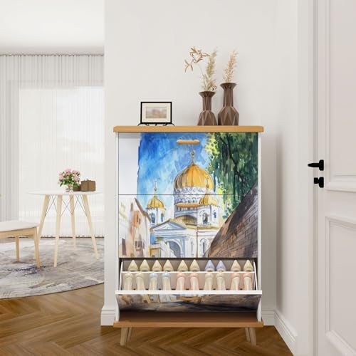 3 Drawer Shoe Cabinet, Artistic Shoe Cabinet, Paris Watercolor Sketch Parisian Streets Houses Tower Street cafes Wood Shoe Rack Organizer for Entryway Slim (31.5”W x 9.45”D 46”H)