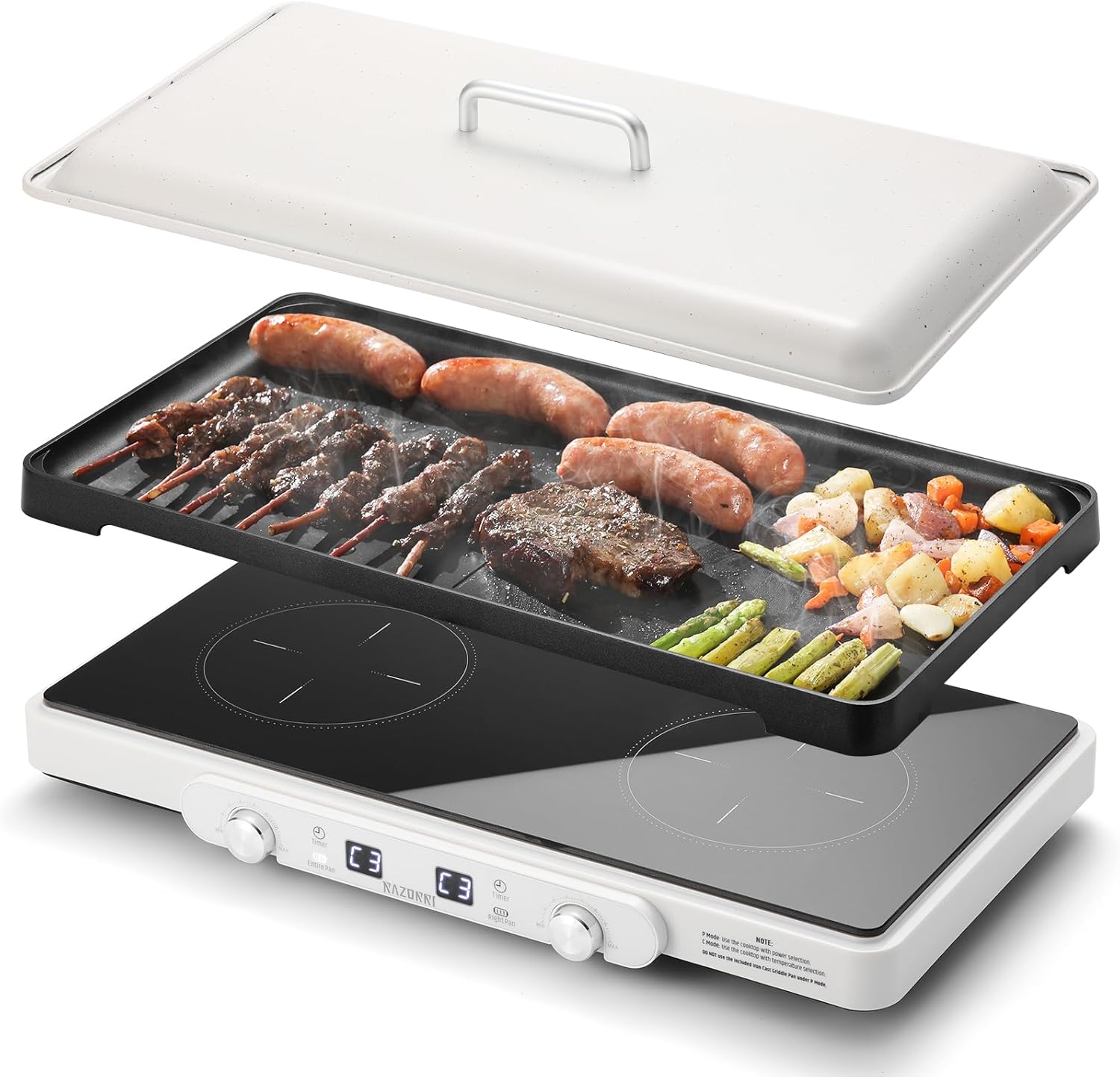 Razorri 1800W Countertop Induction Cooktop, 2 Burners Grill with 10'' Removable Non-stick Cast Iron Griddle Pan, 5 Temp Modes & 7 Power Options with Timer, Ideal for Outdoor Garden BBQ Party