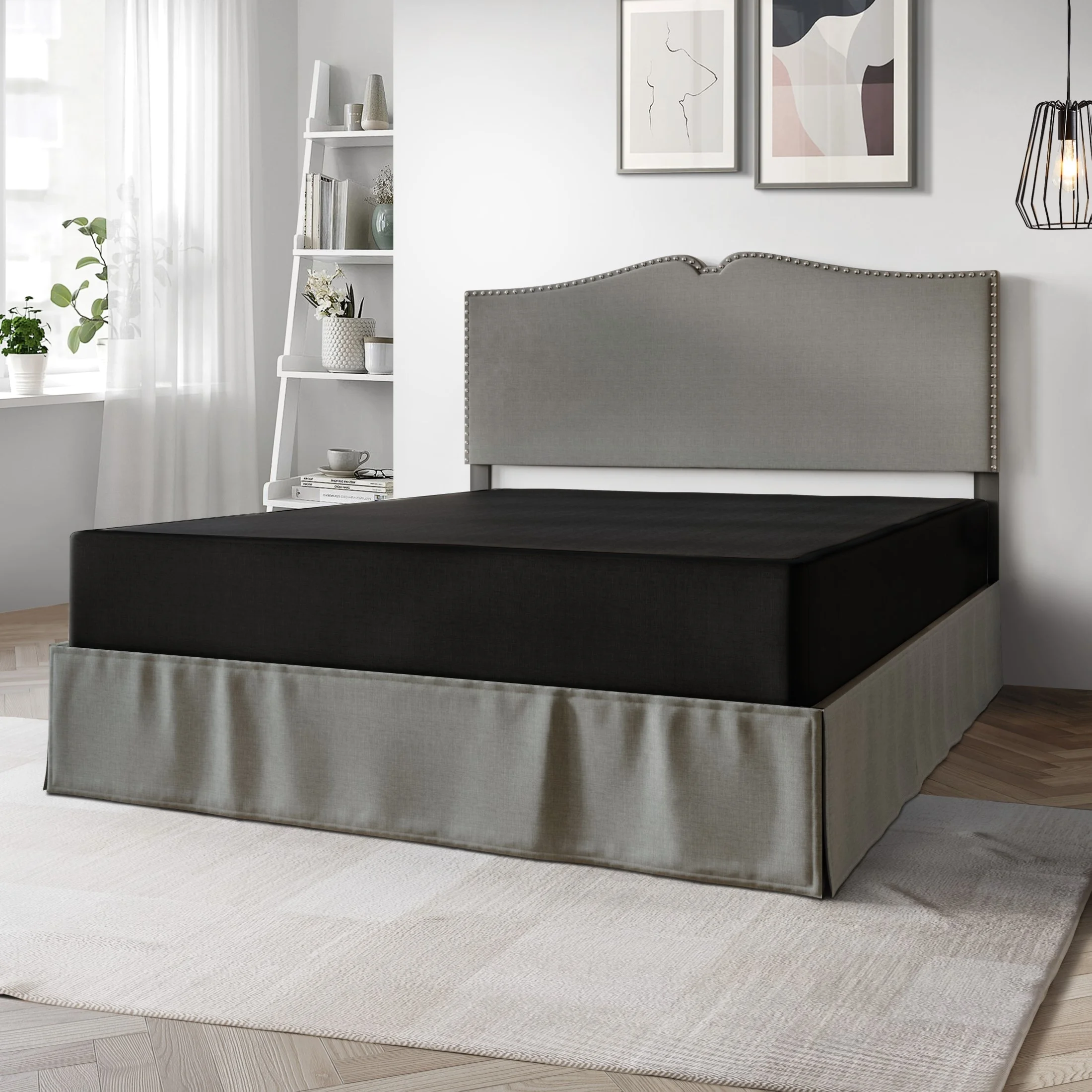 CraftPorch  Solid Wood 8-Inch Box Spring Foundation with Wood Slats with Black Linen Cover Twin