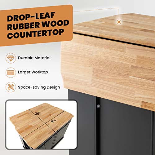 LOKO Kitchen Island with Drop Leaf, Kitchen Storage Cabinet with Rubber Wood Top, 2 Drawers, 5 Adjustable Shelves & Spice Racks, Island Table for Kitchen Home Coffee Bar, 47 x 36 x 36 Inches