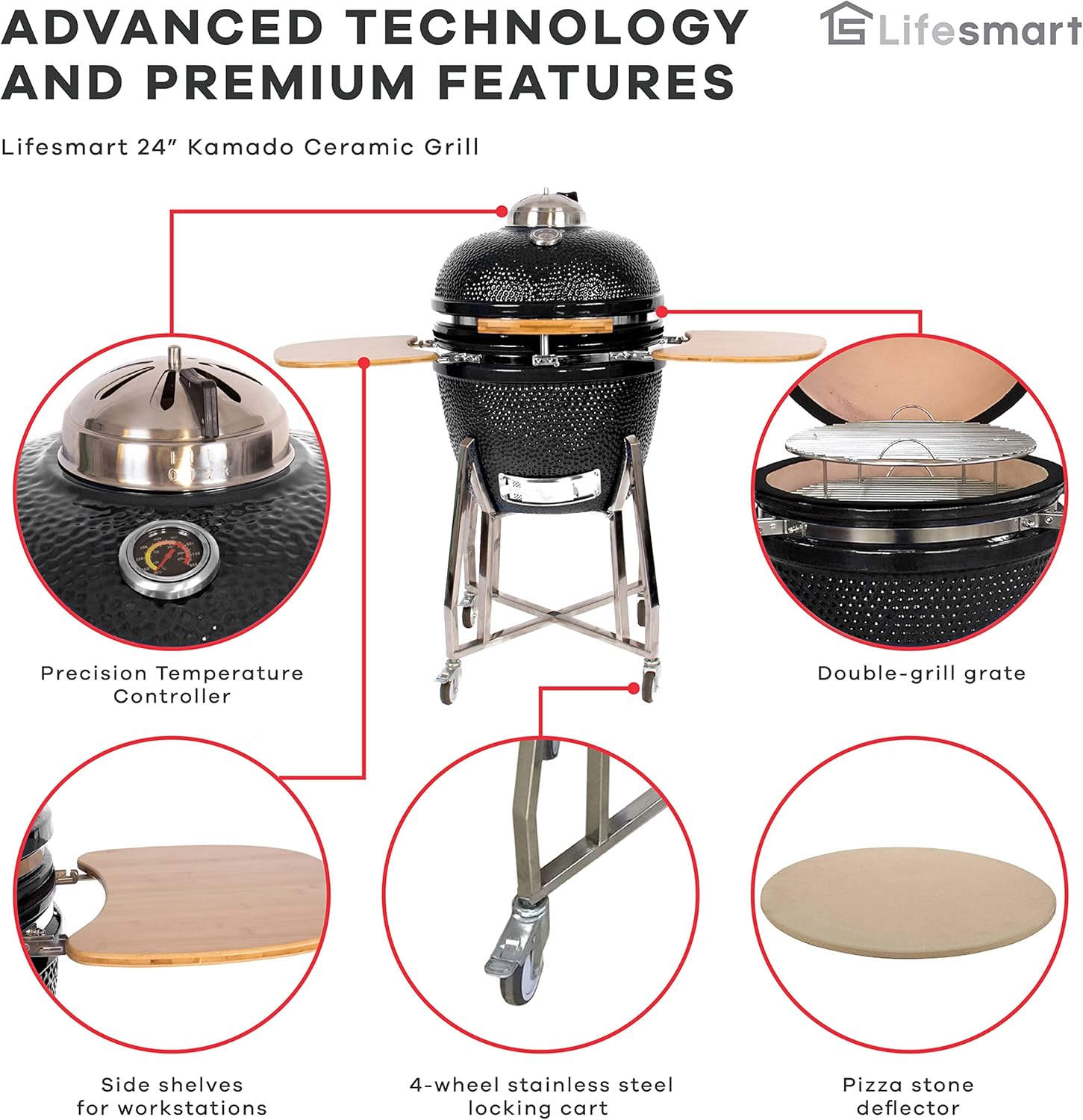 Lifesmart 15 Kamado, 6-In-1 Kamado Grill with Stainless Steel Cart, Includes Free Electric Starter, Grill Cover, Pizza Stone, Built-in Thermometer
