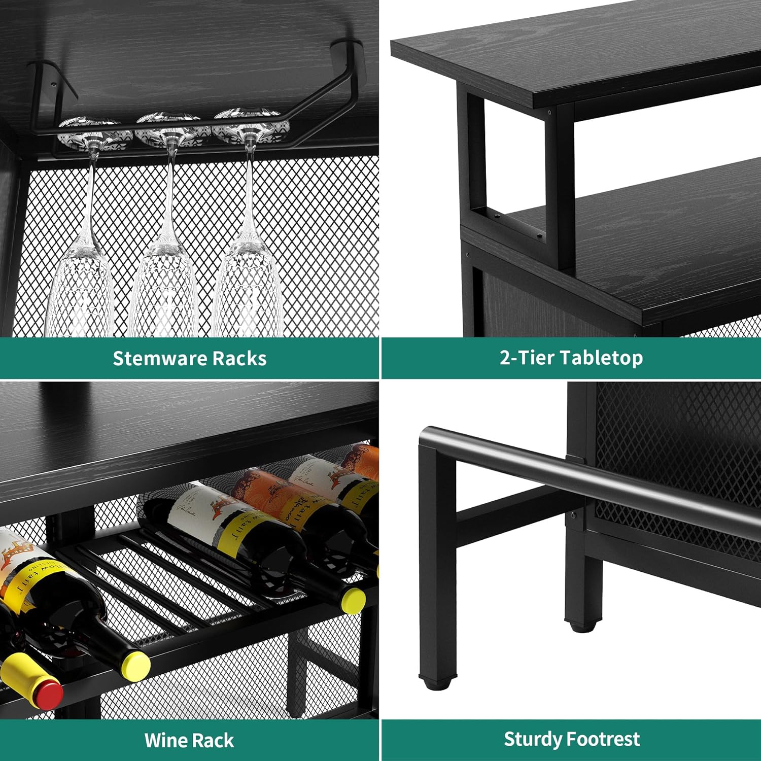 YITAHOME L Shaped Mini Home Bar Unit for Living Room with Music Sensing LED Light, Tall Bars Furniture Table with Wine Rack Alcohol Storage Glasses Hanger Footrest for Kitchen Pub, Black