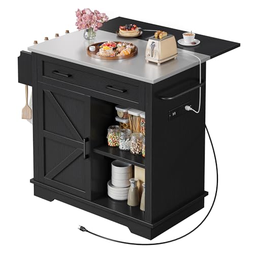 YITAHOME Kitchen Island with Stainless Steel Top & Drop Leaf, 47 Inch Kitchen Island on Wheels with Power Outlet, Rolling Portable Mobile Kitchen Cart w Storage Drawer Cabinet Counter Metal Top, White