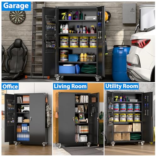 Aobabo Garage Storage Cabinet with Wheels,72" H Metal Storage Cabinet with 2 Doors and 4 Adjustable Shelves for Garage Home, Black,Required-Assembly