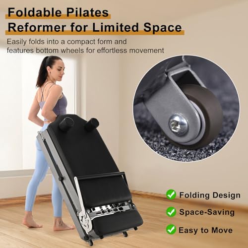 Foldable Pilates Reformer, Home Pilates Reformer Machine -Perfect for Tall People-5 Metal Resistance Springs-Up to 440 lbs Weight Capacity for Intermediate and Beginners Users