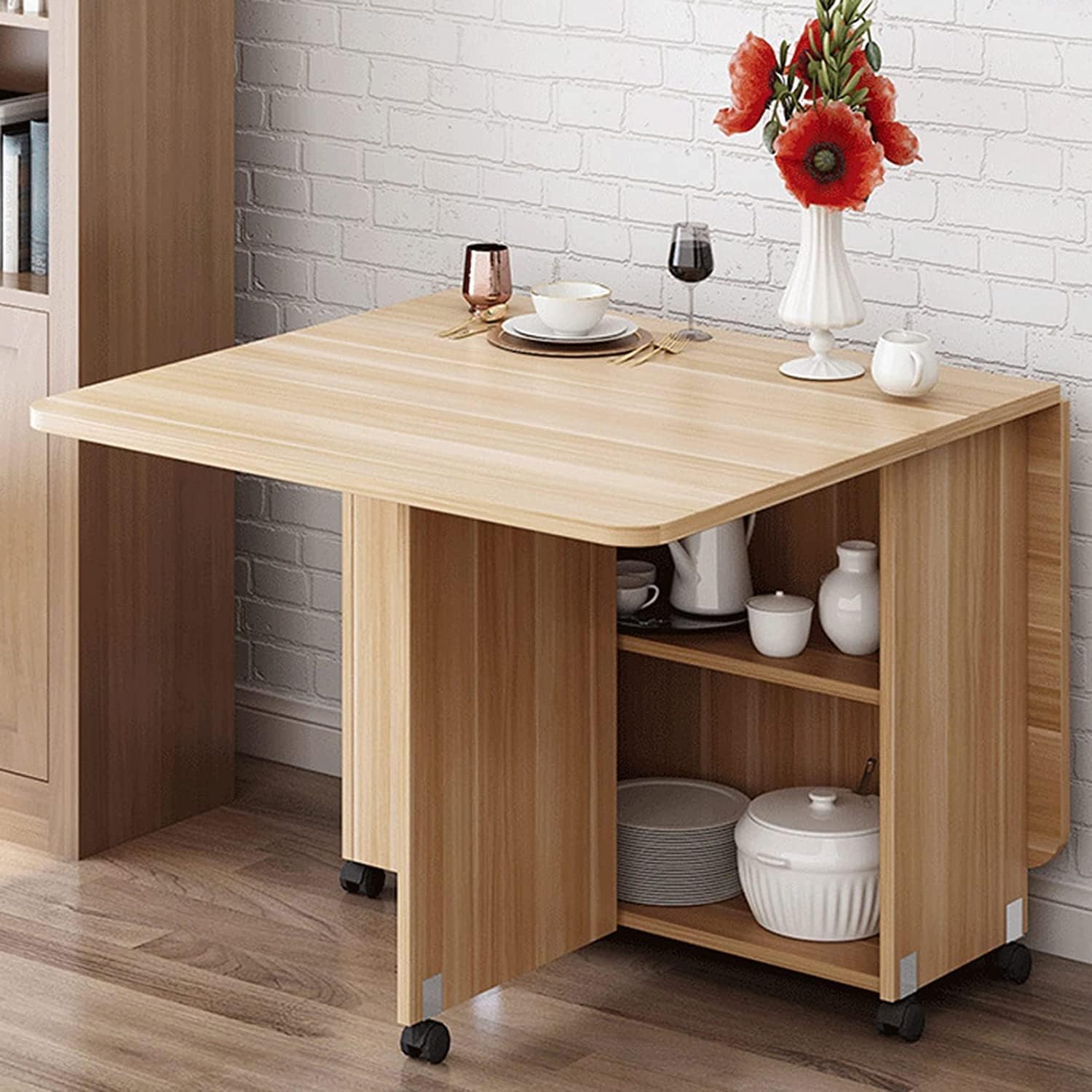 Kitchen Dinner Table, Expandable Folding Dining Table with 6 Wheels, Rectangle Wood Drop Leaf Table, Round Edge Design, for Small Space Dining Table for Kitchen, Living Room,1.2m