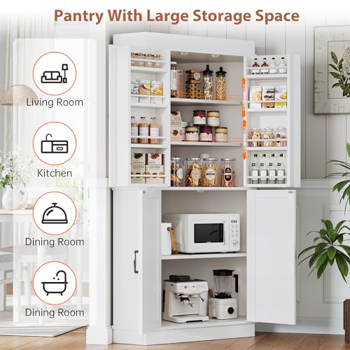Corner Cabinet, Kitchen Pantry Cabinet, Storage Cabinet with 4 Doors and Shelves, Kitchen Cabinet, Pantry Cabinet, Tall Food Pantry Storage Cabinet Farmhouse Furniture for Kitchen Dining Room, White