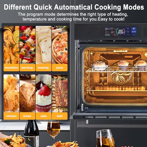 Asypets Single Wall Oven 24" Built-In Electric Ovens, 70L, 3000W, 8 Baking Modes, With Air Frying Function, 3D Surround Heating With Double-Layered Glass Door, Touch Control With Colour Led Screen