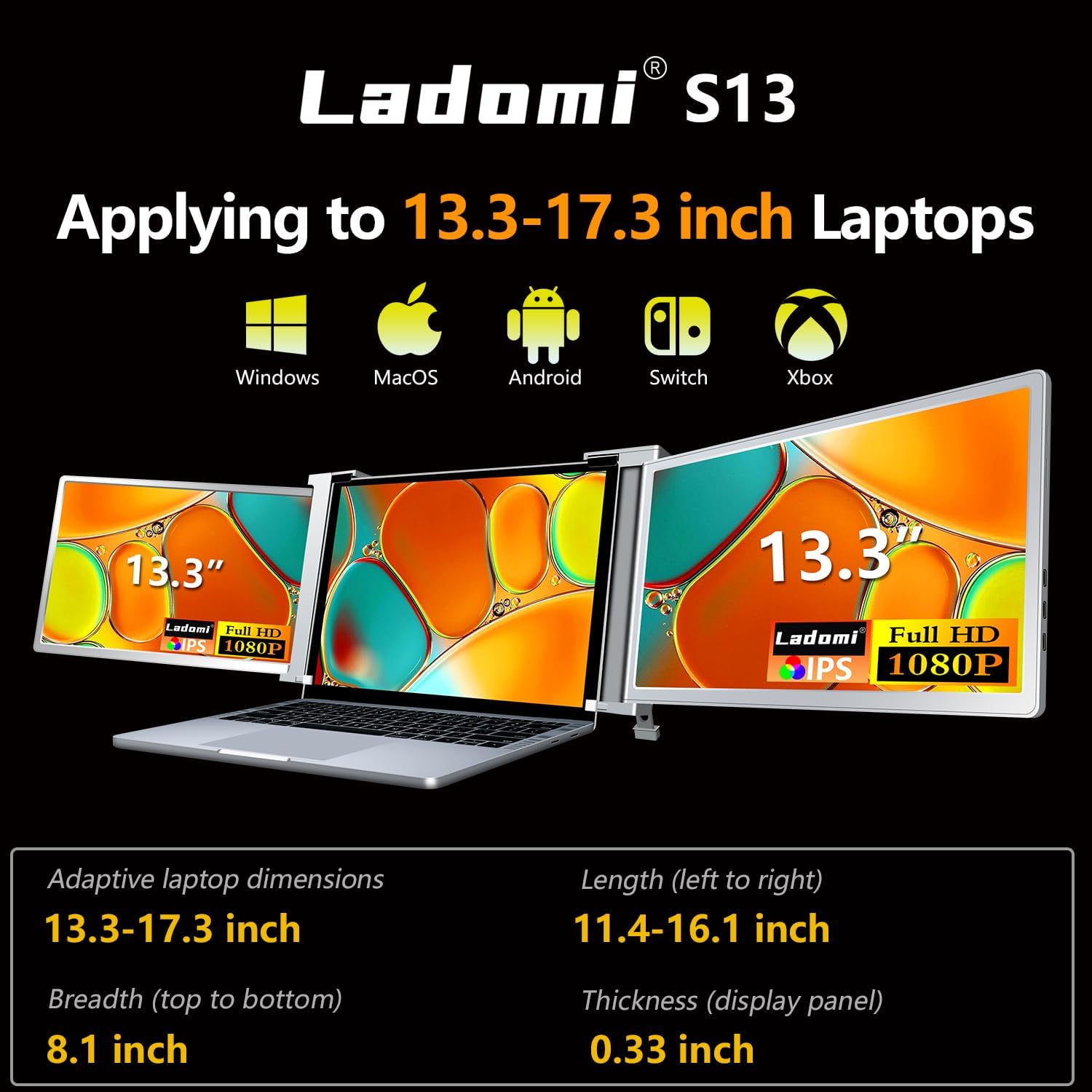 Triple Monitor for Laptop, 13.3" Dual Laptop Monitor Screen Extender, HD 1080P IPS Portable Monitor for 13.3"-17.3" Laptop & Switch/Xbox, Plug and Play for Windows/MAC - S13 Gray