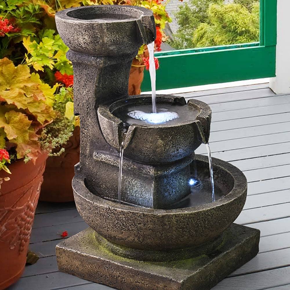 Outdoor Cascading Waterfall Fountain w/LED Light Home Water Fountain - Polyresin - Floor/Lighted - Grey