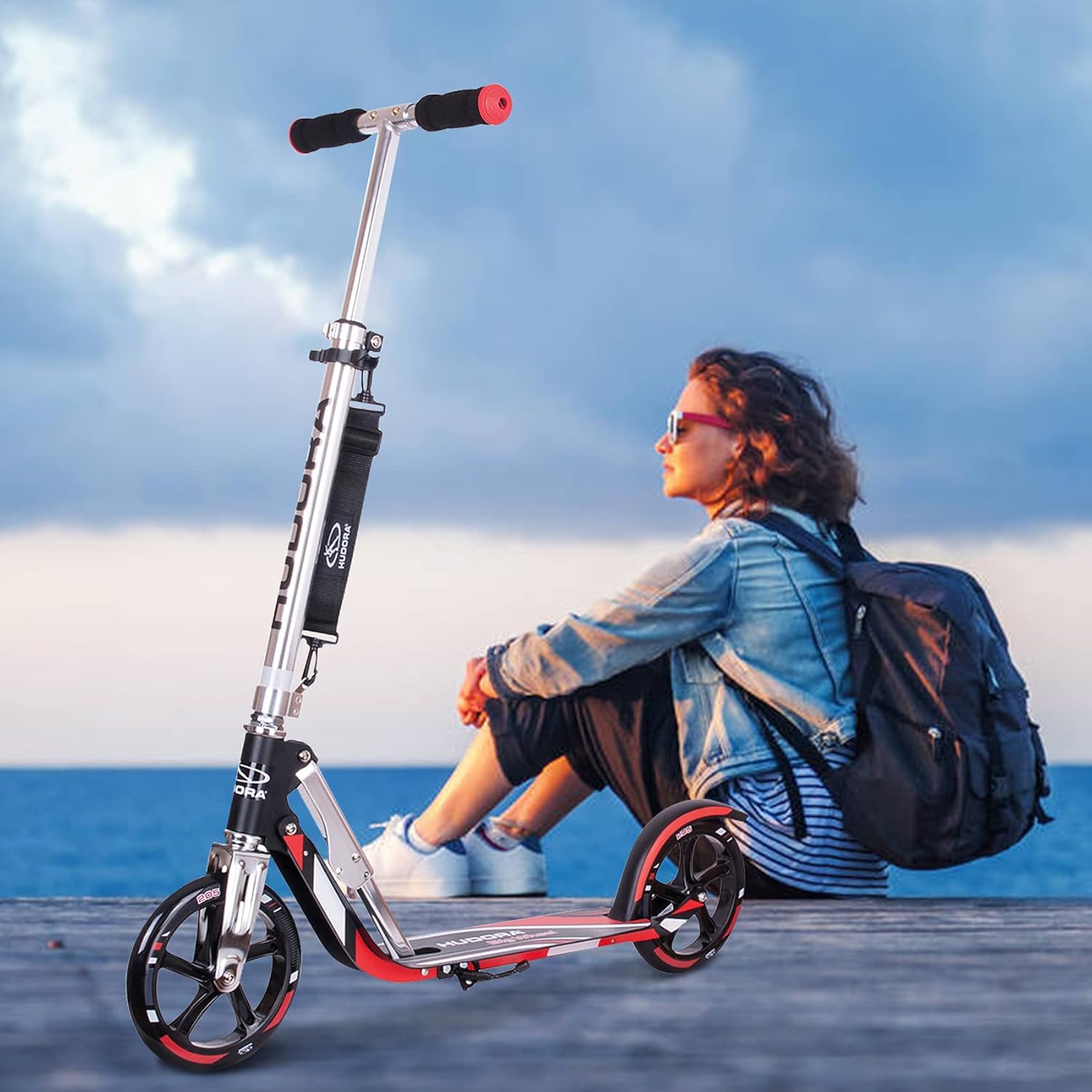 Scooter for Adults - HUDORA Foldable Adult Kick Scooters with Big Wheel Quick-Release Folding System 5 Level Height Adjustable Handlebar Lightweight Aluminum Frame Fold Up Commuter Scooter for Teens