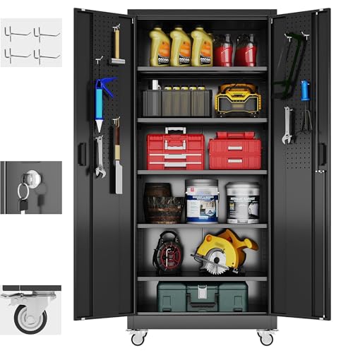 Aobabo Garage Storage Cabinet with Wheels,72" H Metal Storage Cabinet with 2 Doors and 4 Adjustable Shelves for Garage Home, Black,Required-Assembly