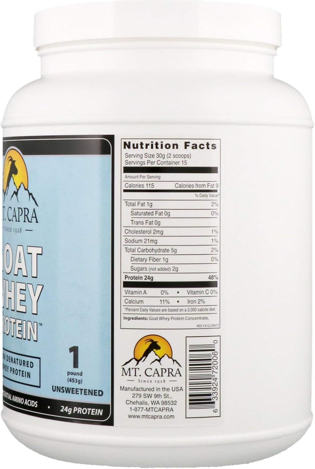 MT. CAPRA Since 1928 Clean Whey Protein | Grass-Fed Undenatured Goat Whey Protein Powder, 24 g Protein Per Serving, All Natural, NonGMO, High in Branch Chain Amino Acids , Unsweetened - 16 Ounce Pack of 2