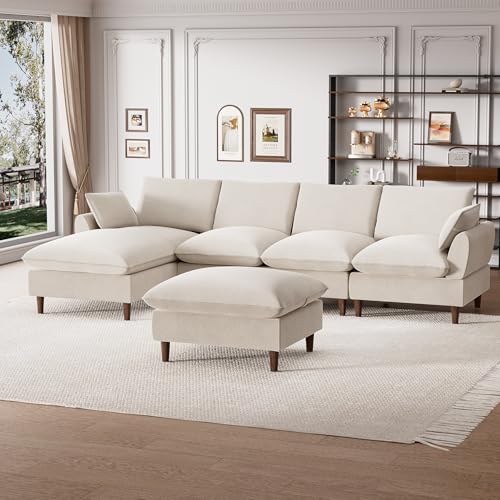U-Shaped Sectional Sofa Couch, 112" Comfy Deep Seat Cloud Couch with Convertible Ottoman & Chaise, Modern Oversized Modular 5 Seat Sleeper Sofa Set for Living Room Office, Beige White Chenille