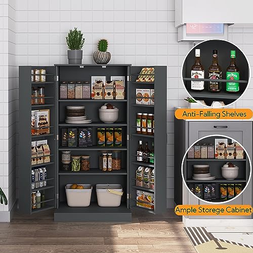 Yusong 72'' Tall Kitchen Pantry Cabinet, Farmhouse Storage Cabinet with 4 Doors, Drawer and Adjustable Shelf, Freestanding Wooden Cupboard Buffet for Dining Room Living Room, White