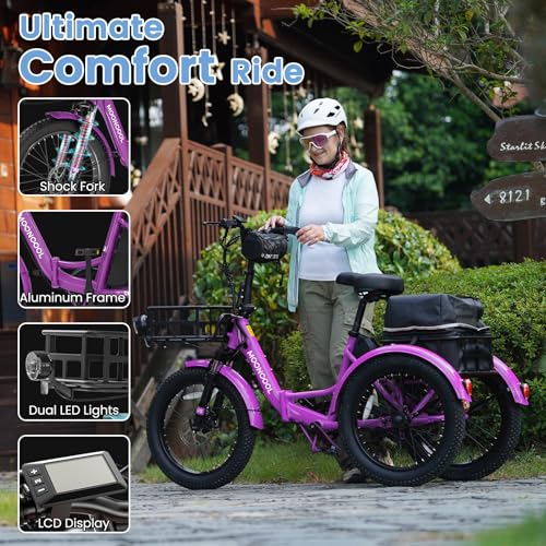 MOONCOOL Electric Tricycle for Adults, 500W/750W 48V 20" Folding Electric Trike Peak Power 1100W, 3 Wheels Electric Bicycle, Aluminum Frame Electric Tricycle with Large Basket and Removable Battery