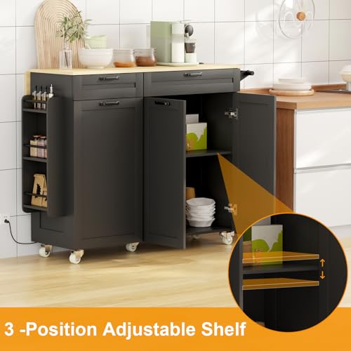 Rolling Kitchen Island with Power Outlet & Drop Leaf, Kitchen Island Cart with Trash Storage Cabinet,Kitchen Rolling Island with Spice Rack & Towel Rack, Knife Holder, Mobile Island Table for Kitchen