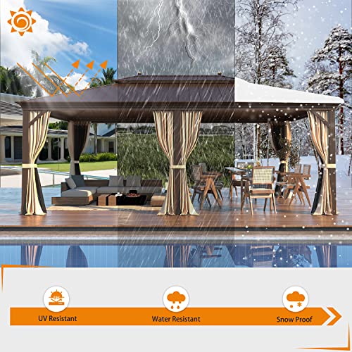 MELLCOM 12'x16' Hardtop Gazebo, Galvanized Steel Metal Double Roof Canopy with Curtains and Netting, Brown Permanent Pavilion Gazebos with Aluminum Frame for Garden, Patio, Lawns, Deck