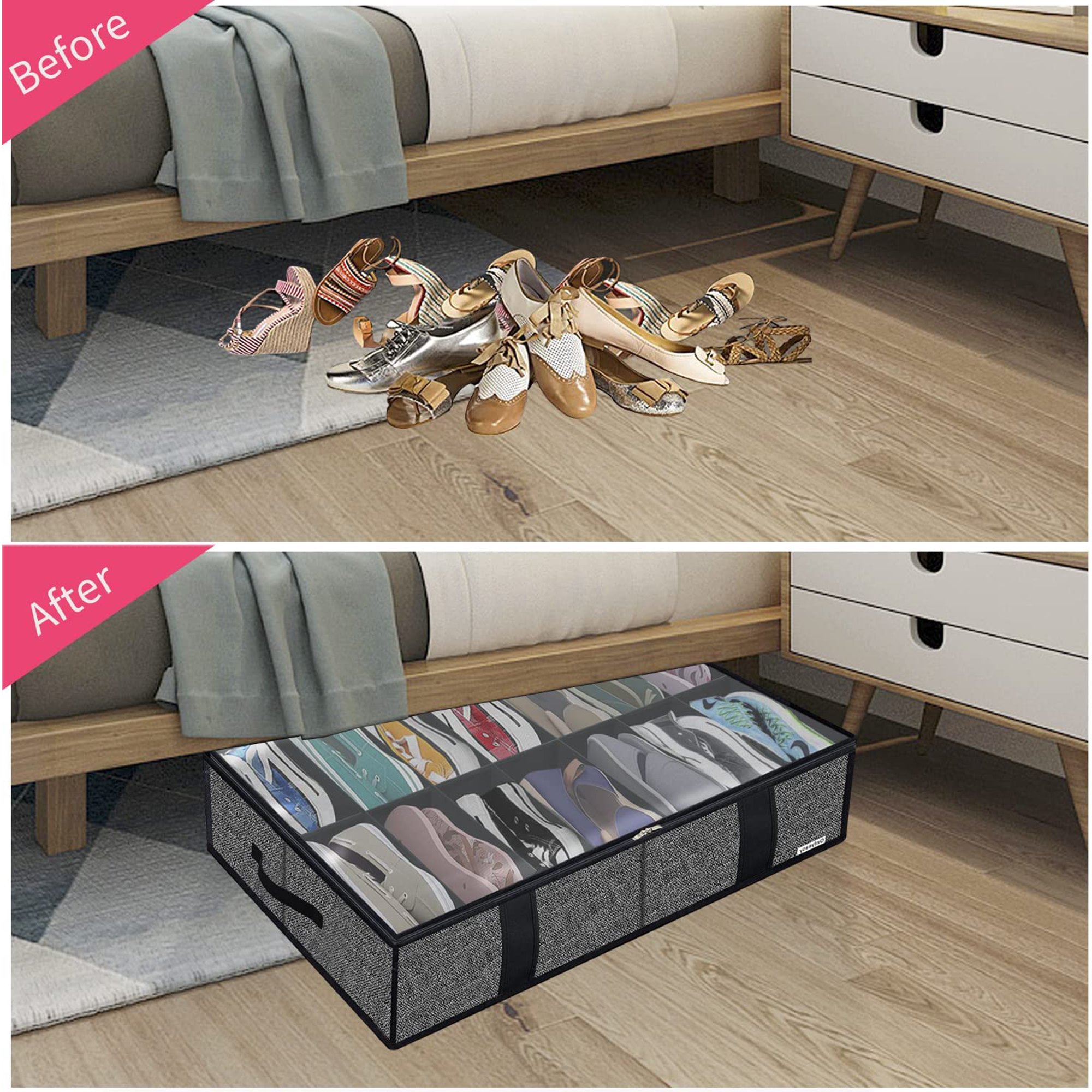 Under Bed Shoe Storage Organizer with Sturdy Handles and Clear Window  Premium Foldable Underbed Shoes Container Box for Closet, Linen-like Black