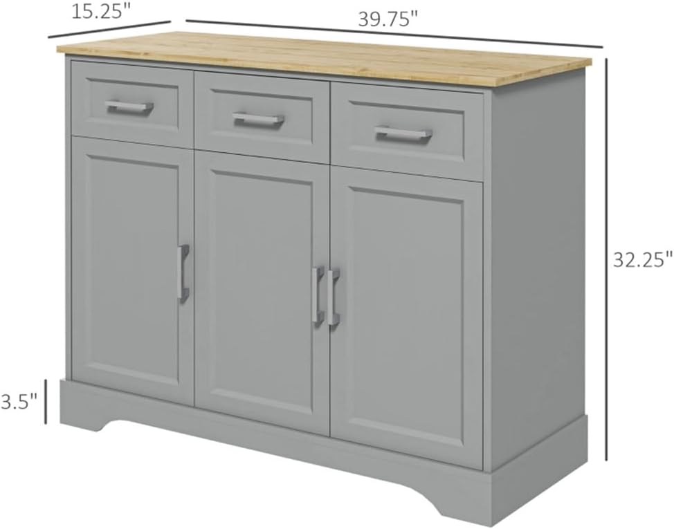 Sideboard with Solid Wood Countertop, Modern Kitchen Storage Cabinet, Coffee Bar Cabinet with 3 Drawers, Doors and Adjustable Shelf, Gray