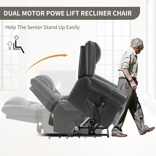 Dual Motor Power Lift Chair, Lay Flat Recliner Chair, Electric Recliner with Massage and Heat for Elderly, Remote Control, Infinite Position, Standing Assistance, USB Ports, Faux Leather, Brown
