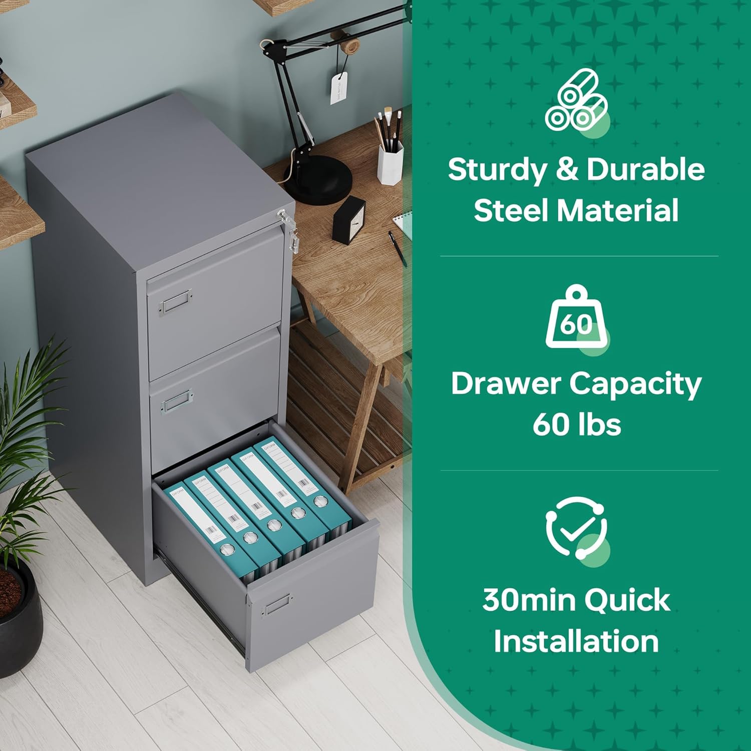 Letaya 3 Drawer File Cabinet with Lock,Metal Small Filing Cabinets for Home Office- Storage A4/F4/Letter/Legal -Assembly Required (Grey)