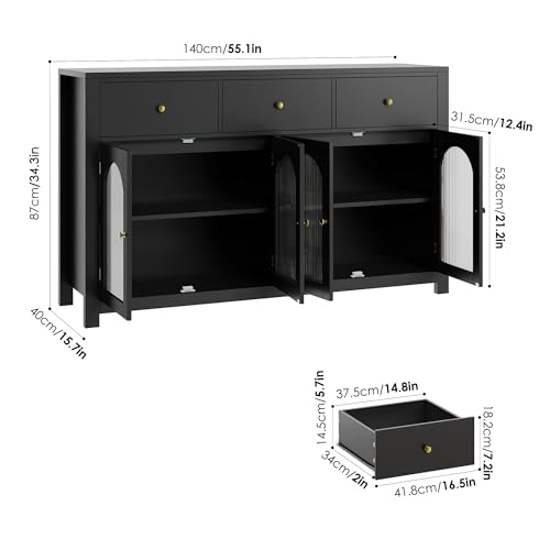 FINETONES Buffet Cabinet with Storage, 55.1" Large Sideboard Buffet Farmhouse Kitchen Cabinet with 3 Drawers and 4 Doors, Wood Coffee Bar for Kitchen, Black