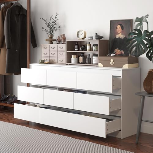 Hitow 9 Drawer Dresser for Bedroom with Deep Drawers, Large Floor Wood Dressers & Chest of Drawers Handle Free, Modern Black Long Dressers for Closet Living Room, Euro Slide (63"W x 15.7"D x 31.5"H)