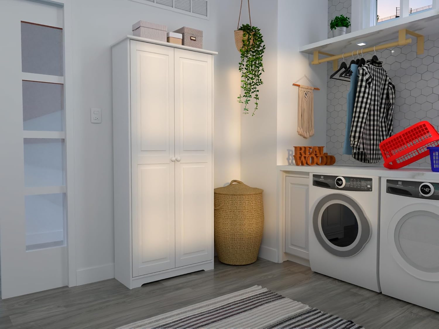 Cabinet Pantry 2 Doors Solid Wood White - Adjustable Shelves Linen Closet & Laundry Offers Ample Organization