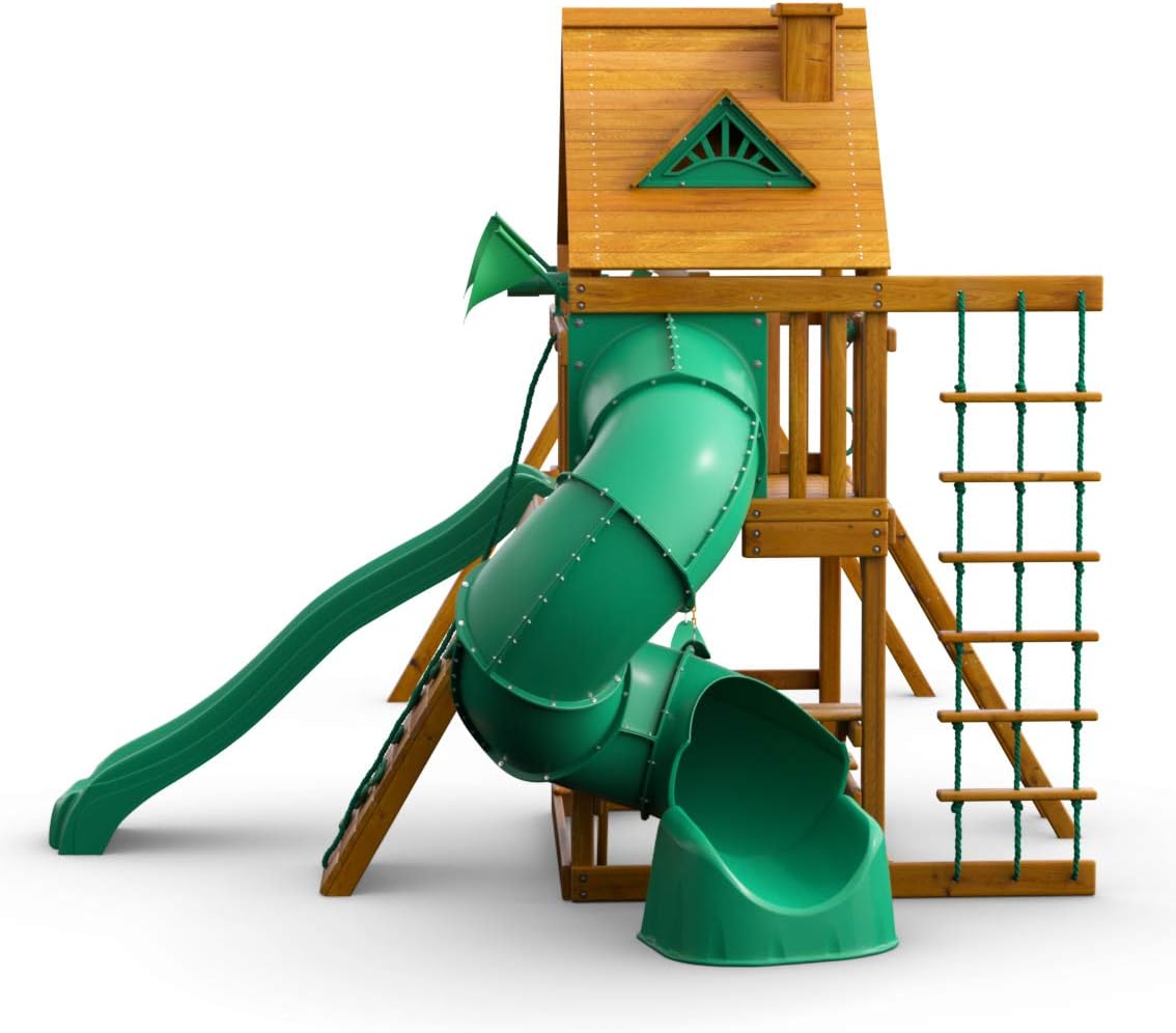 Gorilla Playsets 01-0005-AP Mountaineer Wooden Swing Set with Two Slides & Wood Roof, Brown