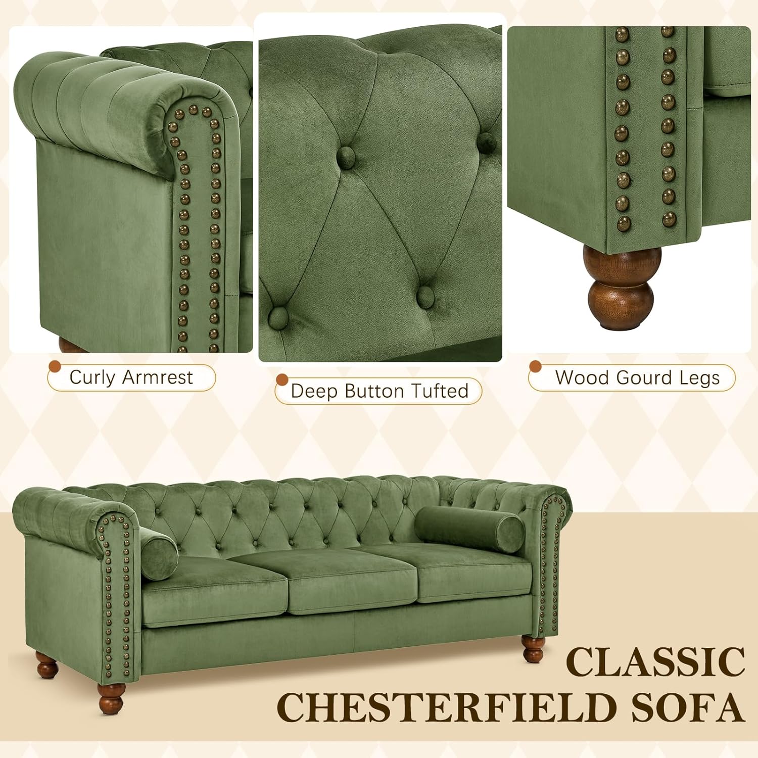 Antetek 3 Seater Couch, 80" Classic Upholstered Chesterfield Sofa, Button Tufted Velvet Couch with Deep Seat for Living Room, Farmhouse, Green