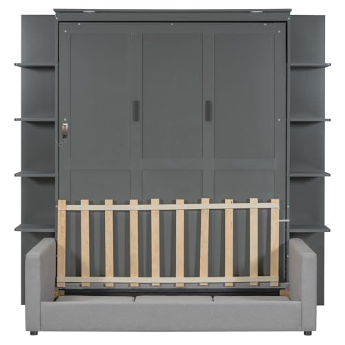 Polibi Queen Size Murphy Bed - Multi-Functional Wall Bed with Sofa Cushion, Folds into Cabinet, Ideal for Guest Room/Home Office/Gym, Gray
