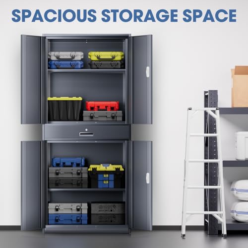 DNA MOTORING 71'' Metal Storage Cabinet, Locking Tool Cabinet with 1 Drawer and Adjustable Shelves, Lockable Heavy Duty Metal Locker for Garage,Office,Home,Gym, Gray, TOOLS-00629-GY-GY-A