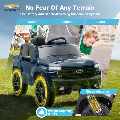 12V Kids Ride On Truck Car Licensed Chevrolet Silverado with Back Storage, Remote Control, LED Lights & MP3 Music, Chevy Silverado Trail Boss LT Electric Truck for Kids, Red