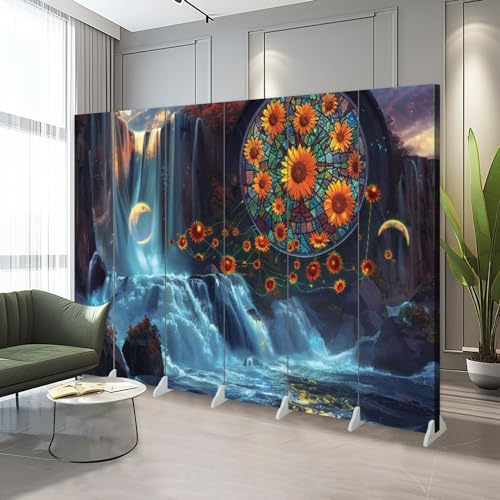 6 Panels Screen Room Divider Vibrant Stained Glass Sunflowers Ancient Stone Abbey Canvas Screen Indoor Folding Separator Freestanding Protective Wall Divider Privacy Partition