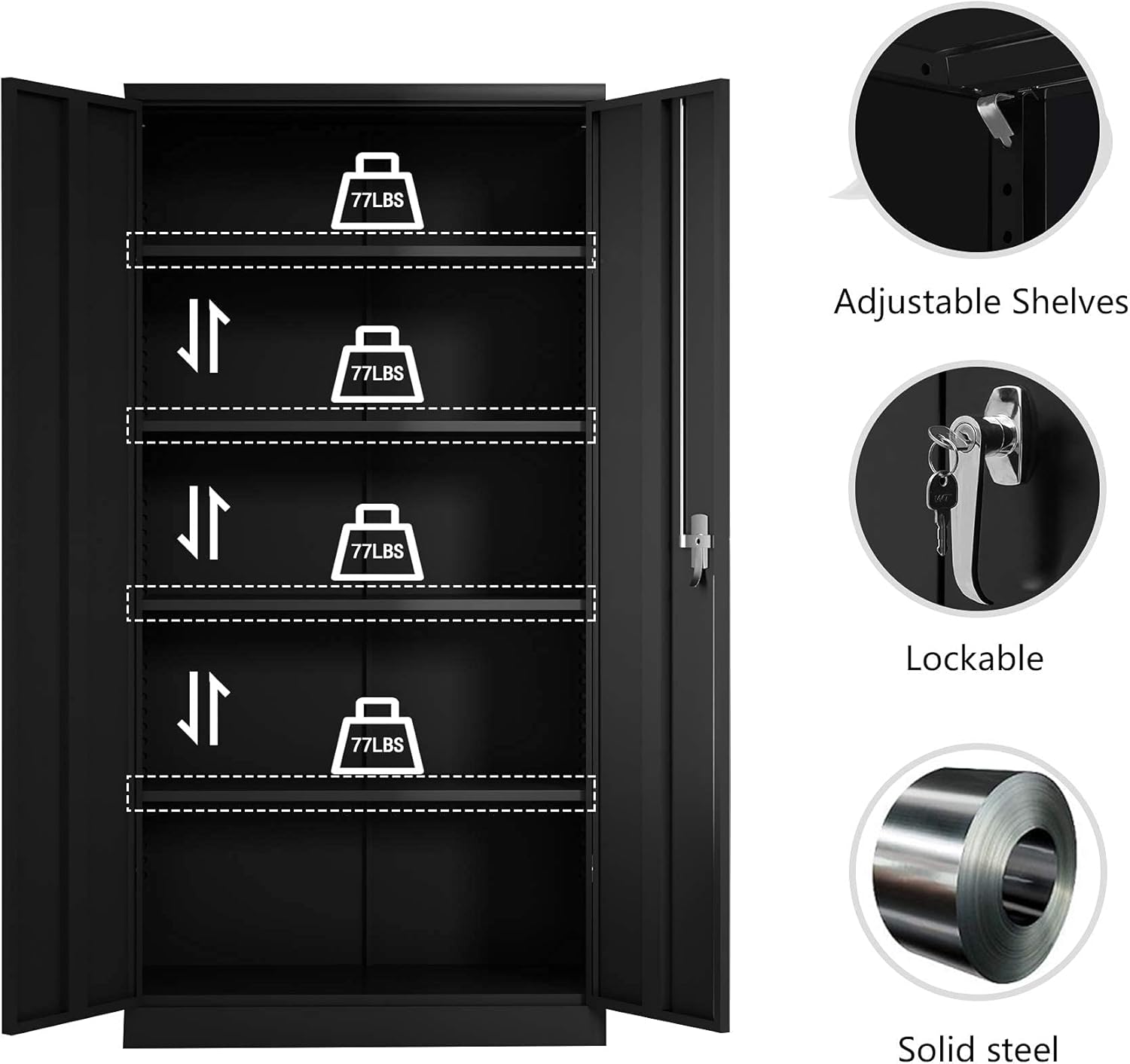AOBABO Metal Storage Cabinet, 72 Inches Locking Steel Storage Cabinet for Office and Home, Tall Black Storage Cabinet with 4 Adjustable Shelves, Assembly Required
