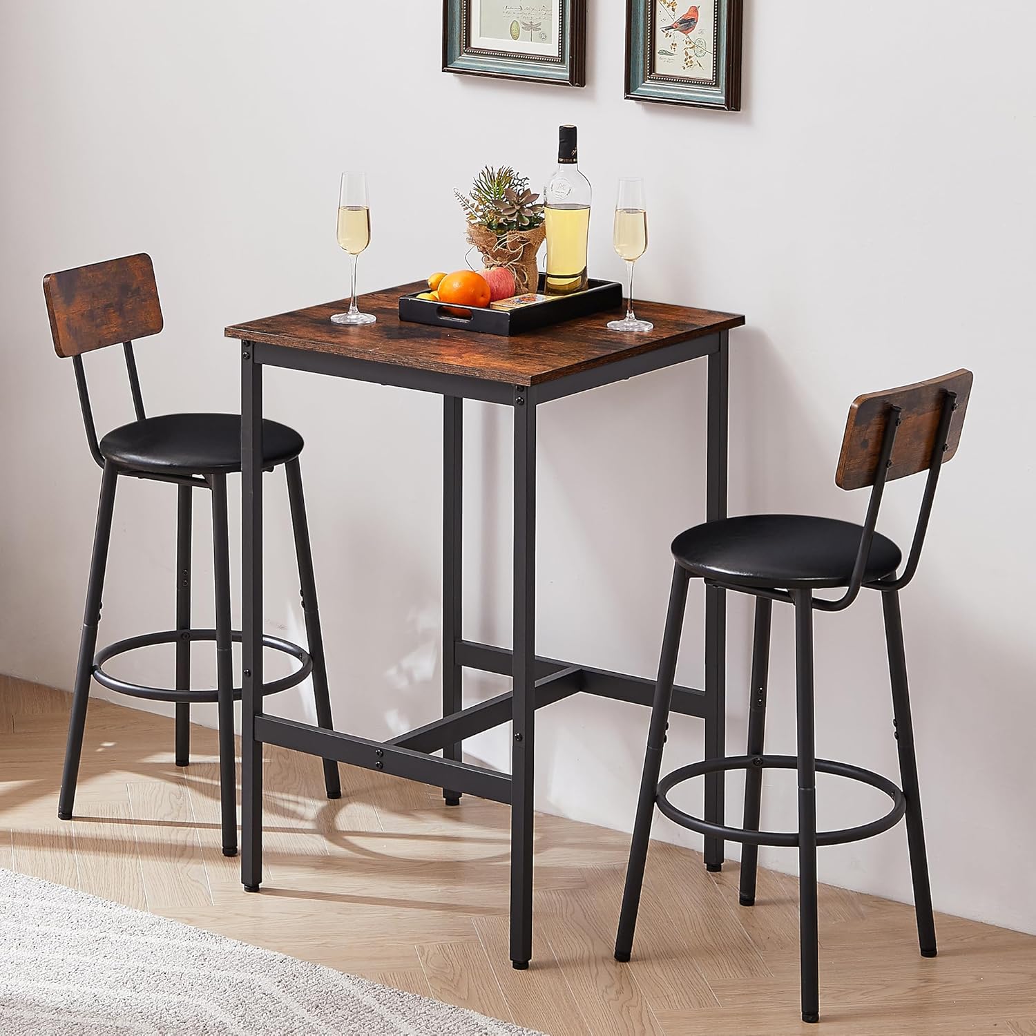 Bar Table and Chairs Set, Sqaure Dining Table Set for 2 with PU Soft Seat and Backrest, Kitchen Table and Chairs for Small Spaces, Kitchen and Bar, Rustic Brown