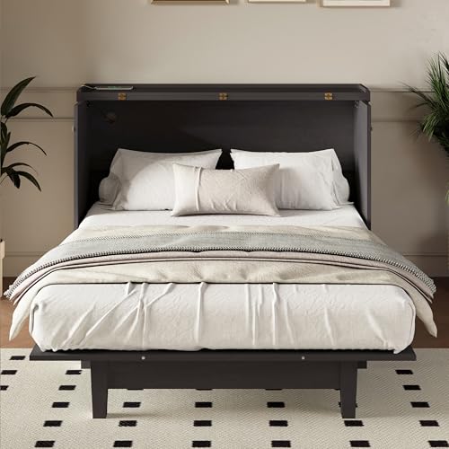 Harper & Bright Designs Queen Size Murphy Bed, Solid Pine Queen Murphy Frame Chest Cube Cabinet Bed with Charging Station and Large Storage Drawer for Home Office or Small Room, Gray