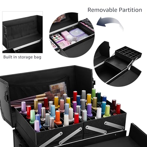 Yokilly Rolling Makeup Train Case, Professional Cosmetology Case on Wheels, Aluminum Cosmetic Trolley Travelling Cart Trunk with Swivel Wheels, Sliding Drawer & Keys for Nail Technician Stylist(Black)