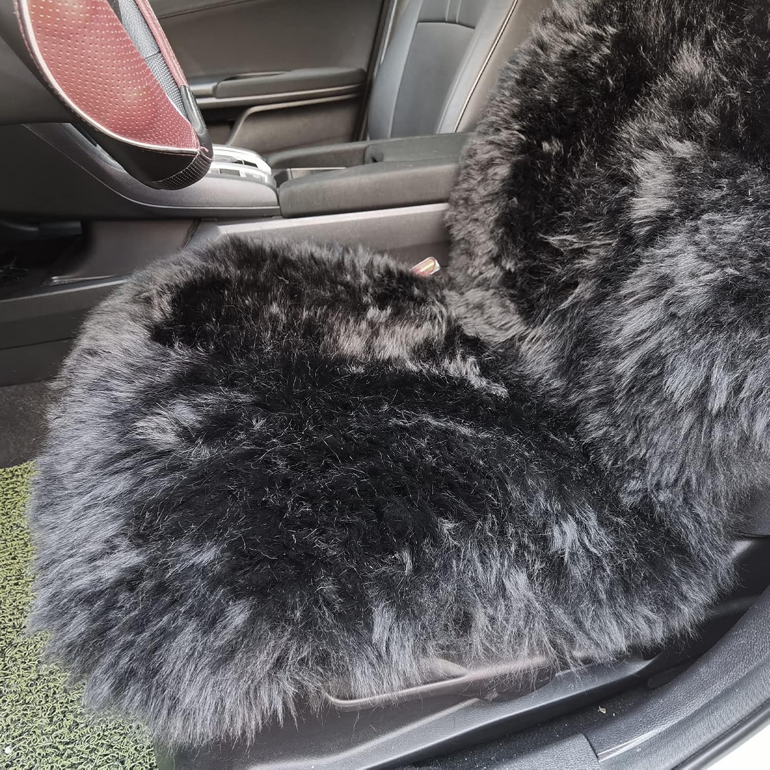 Sheepskin Seat Cover Genuine Australian Long Fur Sheepskin Car Seat Cushion Natural Pure Wool Automotive Seat Cover, Universal Fits Cars, SUVs, Trucks Minivans - Luxury Extra Dense Pelt, 1pc - Black