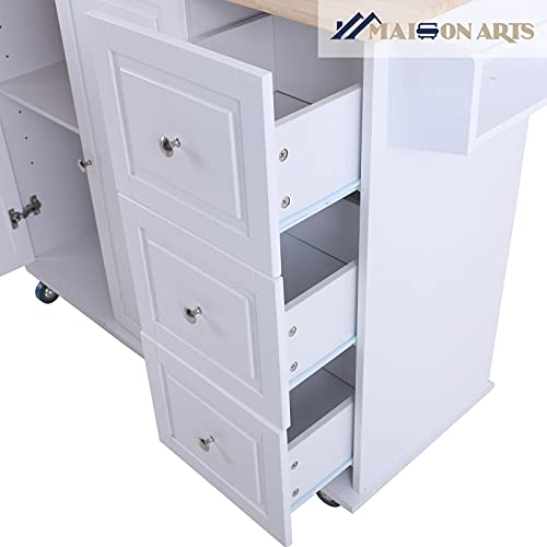 MAISON ARTS Storage Kitchen Island with Drop Leaf on Wheels Rolling Kitchen Cart with 2 Doors & 3 Drawers Rubber Wood Countertop, Grey