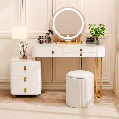 Makeup Vanity Set,Desk with Mirror and Lights,6 Large Capacity Wood Drawers and Soft Petal Chair,Dressing Table with Movable Bedside Table Deal Gift for Her,for Bedroom (39"-White)