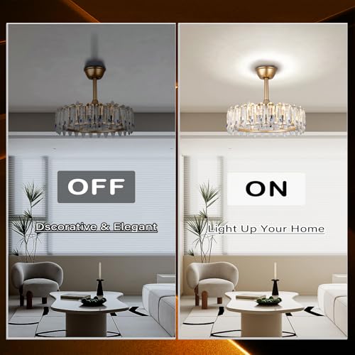 42''Dimmable Fandelier Crystal Chandelier Ceiling Fan Retractable Ceiling Fan with Lights and Remote 6 Speed, 3 Light Change Retractable Blade Chandelier Ceiling Fan for Bedroom(Chrome)