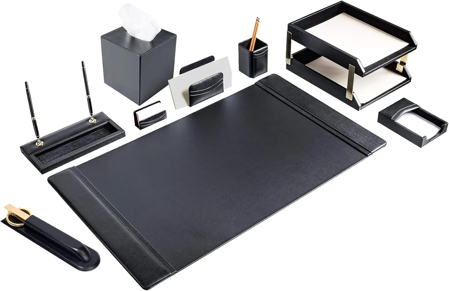 DACASSO Black Leather 11-Piece Desk Set - Luxury Leather Desk Pad & Desk Organization Essentials - Office Organization & Executive Desk Decor - (Gold Accent)