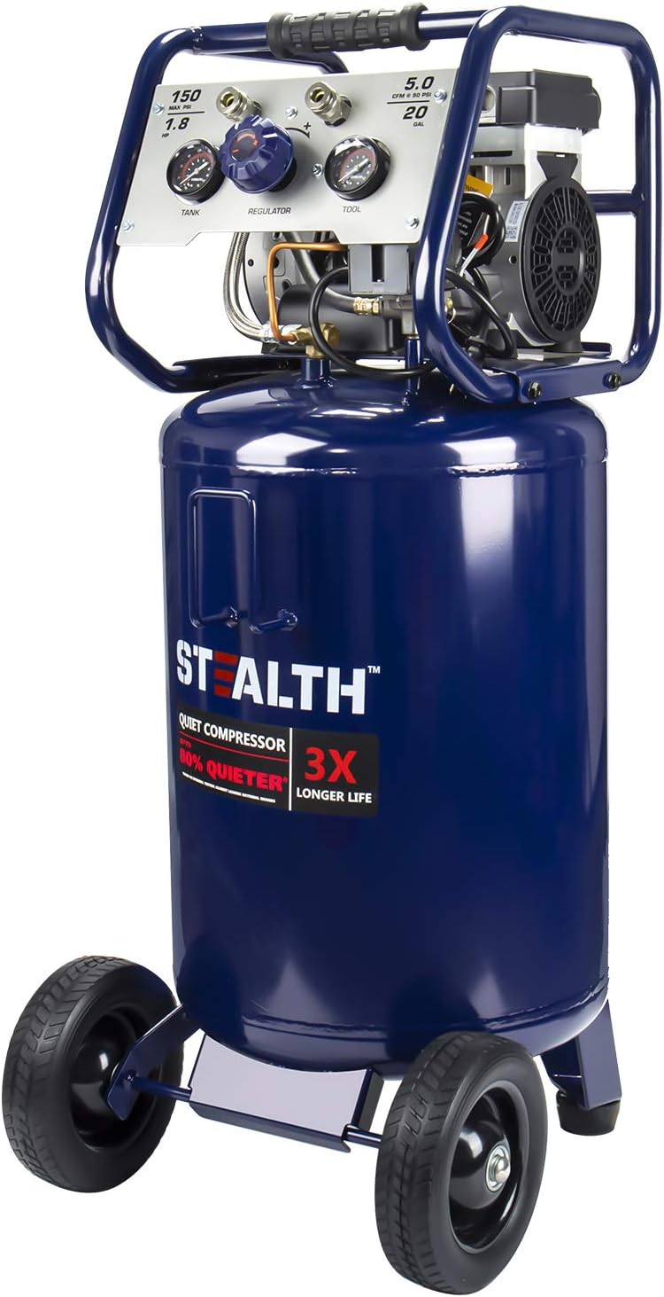 STEALTH Air Compressor, Ultra Quiet, Oil-Free and Long Life Cycle,1.8 Hp 20 Gallon Compressor with Large Rubber Wheels (Blue, SAQ-12018)