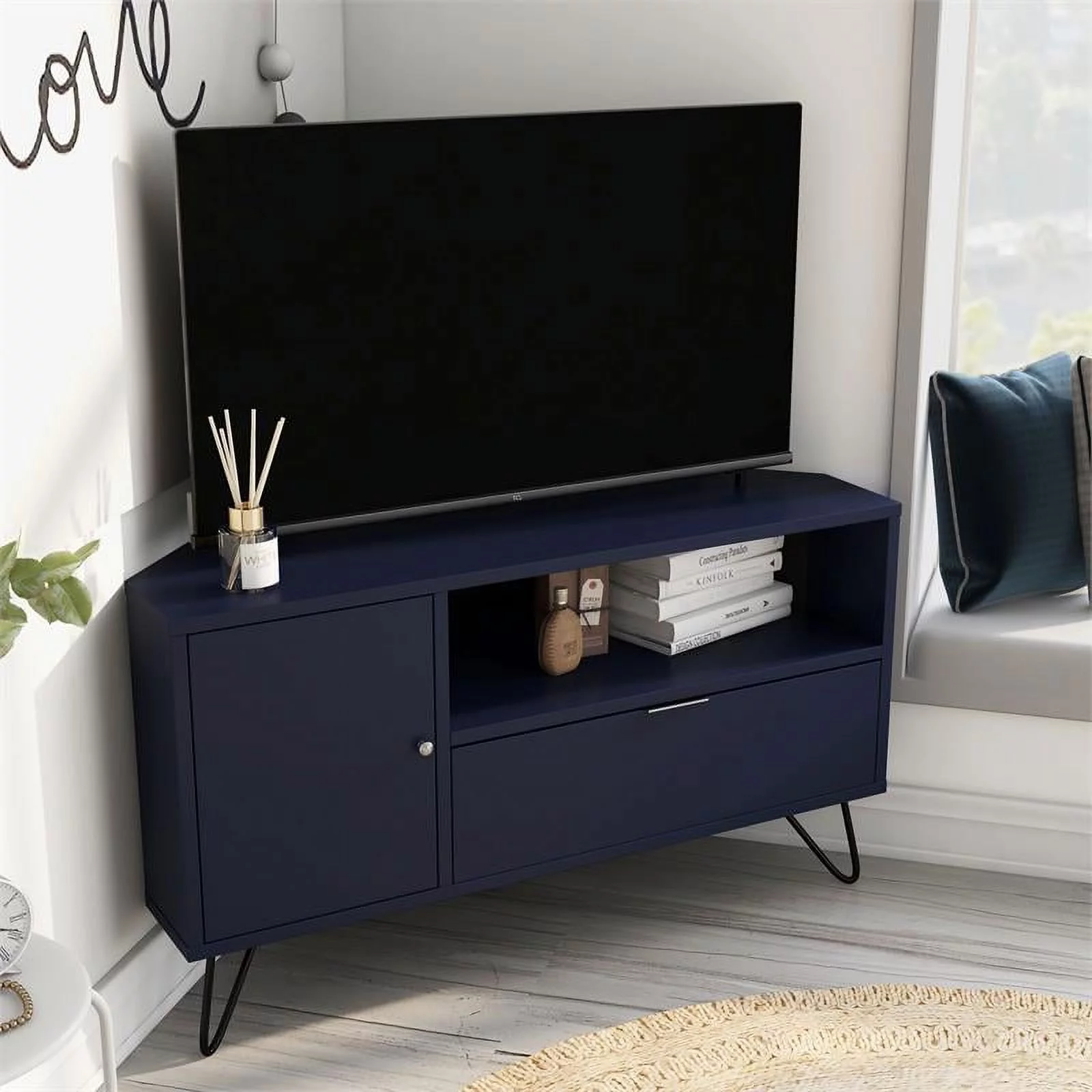 Bowery Hill Modern Wood Multi-Storage Corner TV Stand in Navy