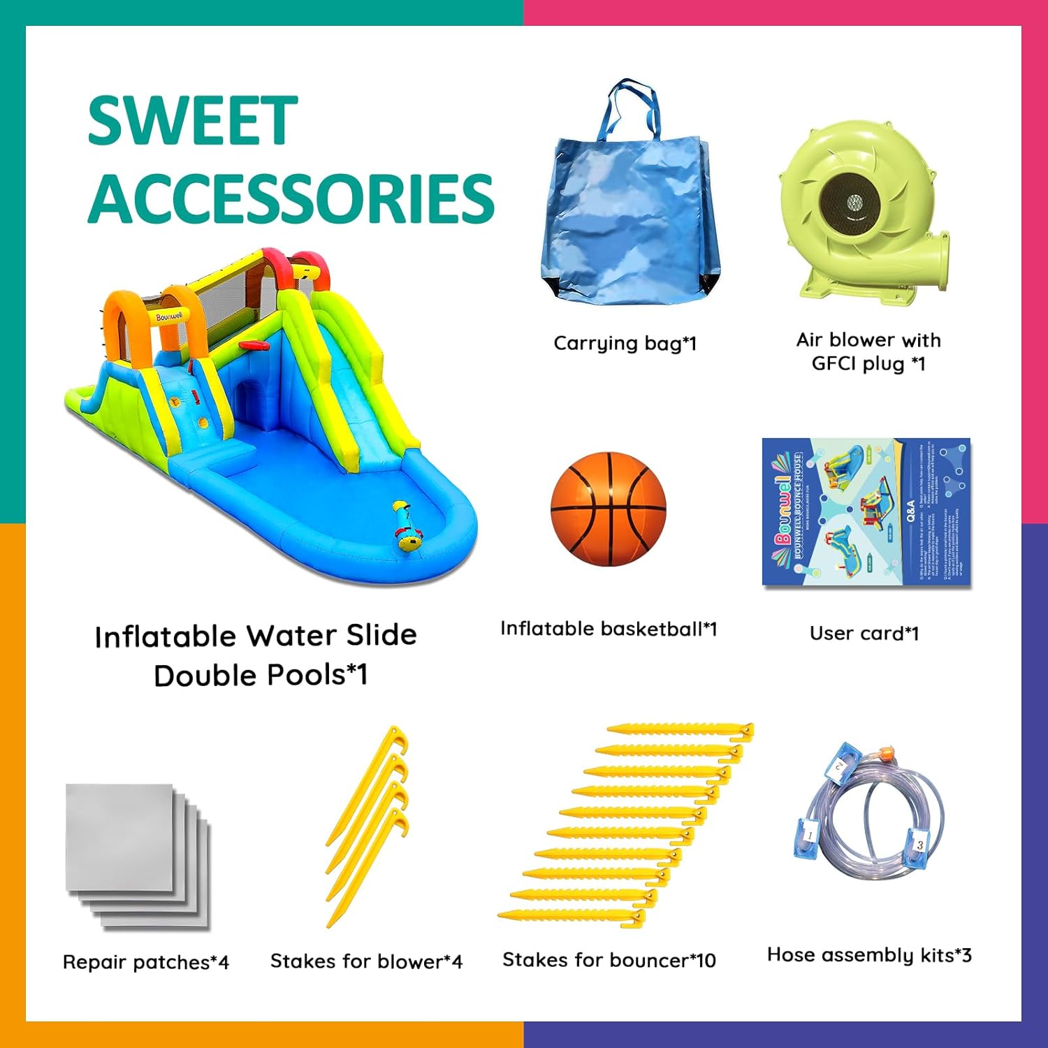 Inflatable Water Slide with Air Blower, Water Park for Kids Backyard, Blow Up Water Slide with 2 Slide, 2 Climbing Wall, Basketball Hoop, Water Cannon and Splash Pool