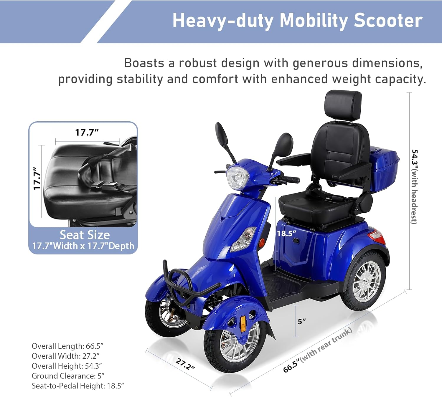 Heavy Duty Mobility Scooter, 800W 4-Wheel All Terrain Electric Vehicle, 3-Speed Adjustable, 35 Miles Range, Adjustable Seat, Rear Lockbox, 550 lbs Capacity, for Adults & Seniors, Blue