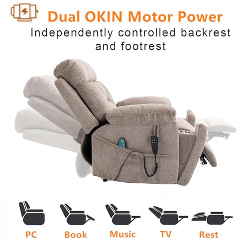 Light Grey Recliner Chair for Elderly | Tall and Big Man 400lbs | Chenille | Power Lift, Lay Flat, Stand Up, Wireless Charging Device, Extended Footrest, Massage Heat, Cup Holder, Lumbar Pillow